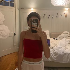 emma chamberlain high key red velvet top